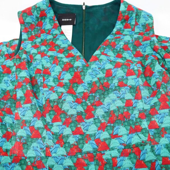 Akris 10 Green Red Ai Print Sleeveless Swing Fit Flare Pleated Pocket Dress - Picture 13 of 15